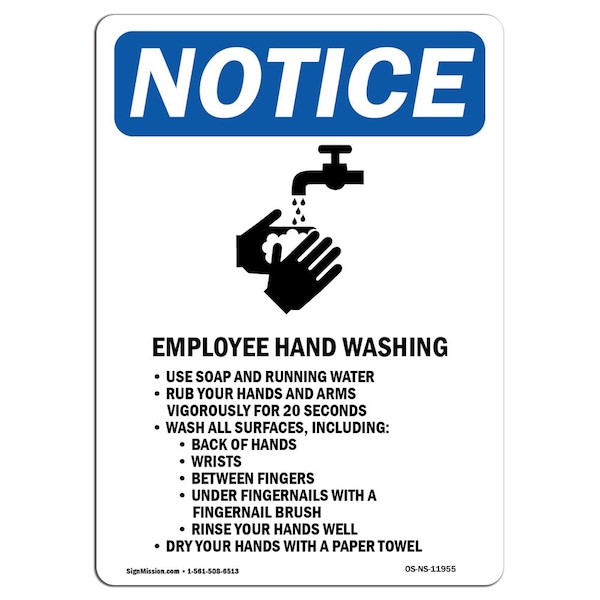 OSHA Sign, Employee Hand Washing With Symbol, 24in X 18in Rigid Plastic, 18" W, 24" L, Portrait